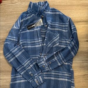 Fashion Nova Navy Plaid Button-Up Shirt